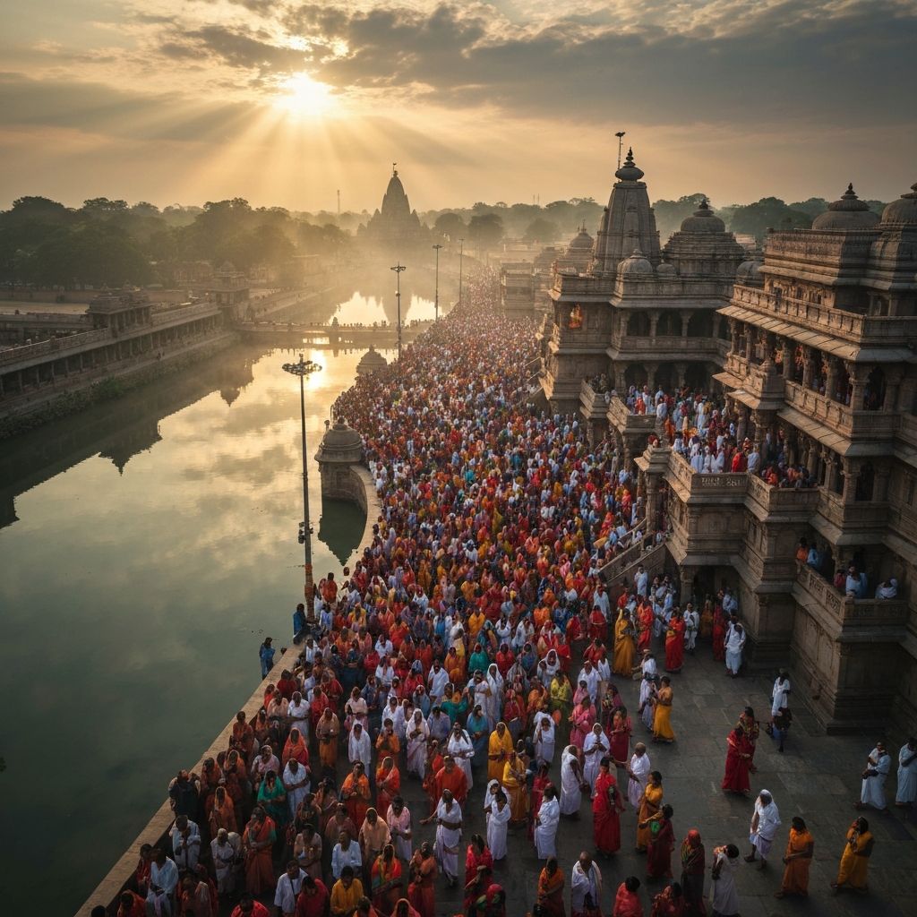 Sacred temple at sunrise with pilgrims